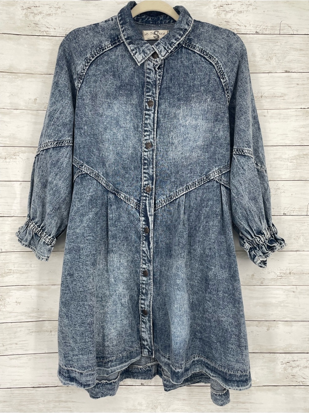 We The Free Hannah Acid Wash Denim Shirt Dress Small Cotton Pockets Cottage